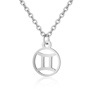 Collier signe Gémeaux en acier inoxydable argenté avec pendentif rond évidé