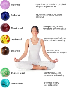Detail von sieben Chakra-Energiesteinen inklusive Tigerauge für Meditation und Balance