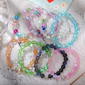 Frosted Mermaid Aurora Beaded Bracelet With Rhinestone Ball Stretchy Moonstone Alloy Jewelry For Men Women Fashion Bangle Gift