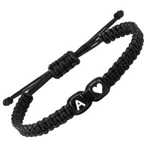 Pulsera de Cuerda Trenzada Negra Ajustable Hecha a Mano Con Cuentas de Letras de Acrílico Forma de Corazón Regalo Joyería Moda