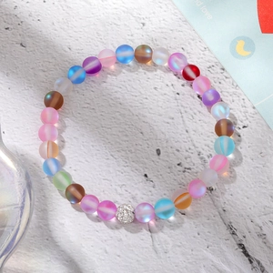 Detailed macro view of matte rainbow frosted beads and a sparkling crystal-encrusted charm