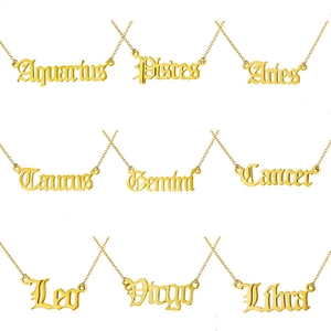 Old English Gothic Twelve Zodiac Sign Letter Pendant Necklace Stainless Steel Gold Silver Jewelry For Women Men Gift
