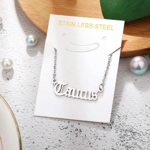 Macro detail of stainless steel Taurus zodiac pendant with polished link chain necklace