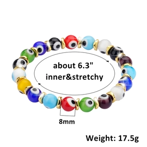 Colorful evil eye bead bracelet with golden spacers and 8mm round stones for women