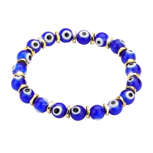 Colorful evil eye beaded bracelet set with gold metal spacers and glass beads on white background