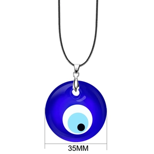 Macro shot of 35mm deep blue glass evil eye pendant with black wax cord necklace