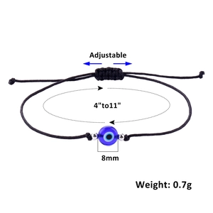 Bracciale regolabile da 8mm con occhio azzurro e cordino nero per uomo e donna
