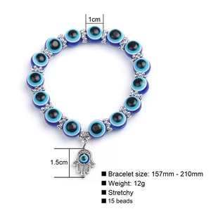 Blue evil eye beaded bracelet with Hamsa Hand charm showing dimensions and 1cm bead size
