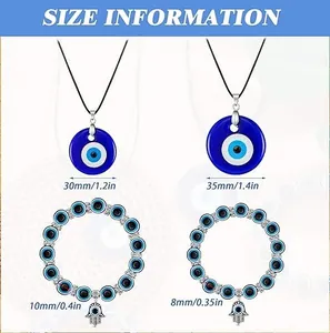 Detailed size information for Evil Eye pendant necklaces and beaded Hamsa Hand bracelets