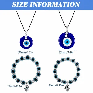 Size information for evil eye jewelry sets including blue necklaces and hamsa bracelets