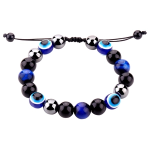 Bracelet élastique en perles d'œil de tigre bleu, obsidienne et œil protecteur