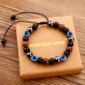 Bracelet ajustable œil de tigre et mauvais œil avec perles d'hématite sur boîte