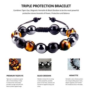 Detail view of Triple Protection Bracelet featuring Tiger Eye, Obsidian, and Hematite beads