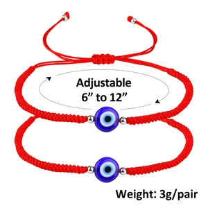 Detail showing adjustable red braided bracelets with blue evil eye beads and metal accents