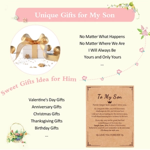 Macro detail of kraft paper message card with inspirational quote for son in gift box