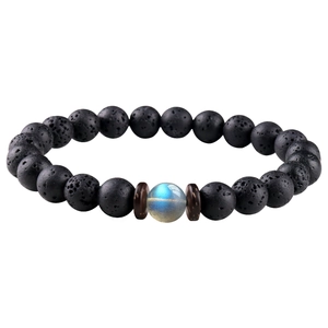 Bracelet en pierre de lave noire de 8mm avec perle de labradorite bleue