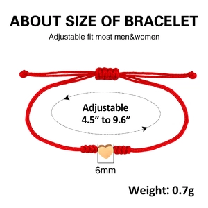Adjustable red braided rope bracelet with golden heart pendant and size specifications
