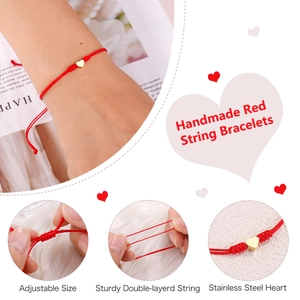 Detail of adjustable red string bracelet with a gold-plated stainless steel heart charm