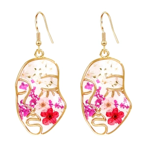 Abstract face drop earrings with real dried flowers in gold metal wire and resin