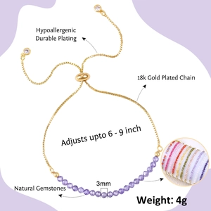 Adjustable 18k gold plated bracelet with 3mm purple natural gemstones and multiple colors