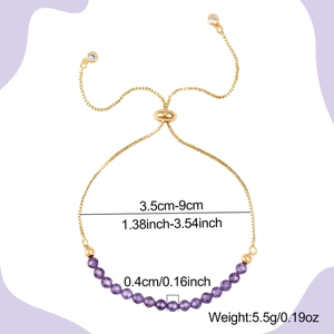 Adjustable gold chain bracelet with 4mm purple crystal beads and sparkling zircon stones