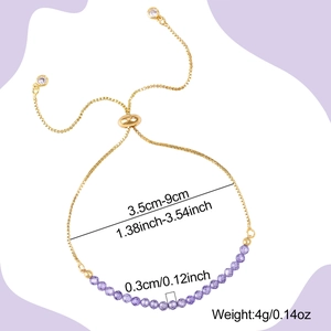 Adjustable gold chain bracelet featuring faceted purple natural stone beads and slider clasp