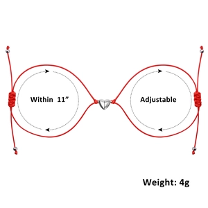 Adjustable red cord couple bracelets featuring a magnetic silver heart pendant, weight 4g