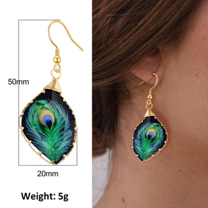 Vue détaillée des boucles d'oreilles plume de paon avec dimensions 50mm et 20mm