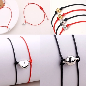 Magnetic couples bracelet set with red and black woven rope and heart charm