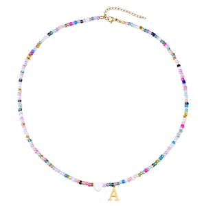 Bohemian Colorful Seed Bead Necklace For Women Stainless Steel Heart Initial Pendant Adjustable Handmade Beaded Choker Jewelry Gift