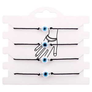 Set of 4 black woven Evil Eye bracelets with blue beads and silver spacers on display card