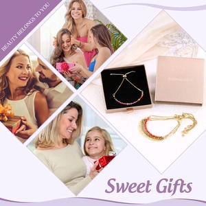 Detail of colorful 3mm natural stone beaded bracelets in a branded gift box packaging