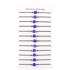 Set of 12 black woven evil eye bracelets with blue glass beads on display card