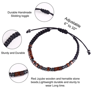 Adjustable Morse code braided bracelet with red jujube wood and hematite stone beads