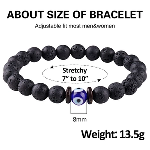 8mm black lava stone beaded elastic bracelet with blue evil eye charm for men and women