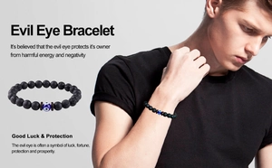 Detail of 8mm volcanic stone beads and blue evil eye charm on elastic bracelet for men