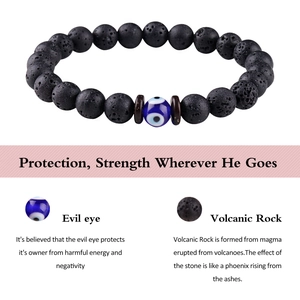 8mm black volcanic rock beads bracelet with blue evil eye protection charm