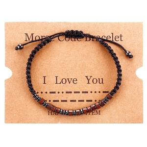 Handmade Morse code woven bracelet with black wood beads and I Love You display card