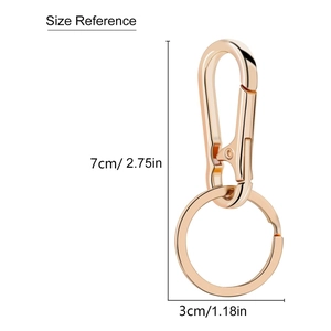 Size reference showing 7cm length rose gold D-ring keychain and 3cm circular keyring