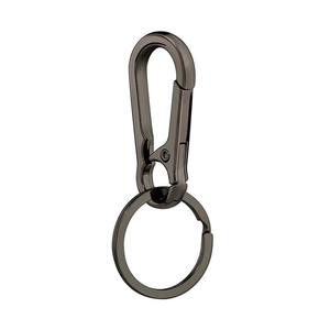 Polished gunmetal alloy car keychain with heavy-duty carabiner and flat ring on white back