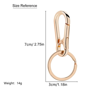Rose gold metal car keychain with spring hook and ring, size 7cm length and 14g weight
