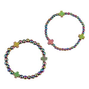 Bracciali in ematite arcobaleno con ciondoli a croce per uomo e donna, set da due