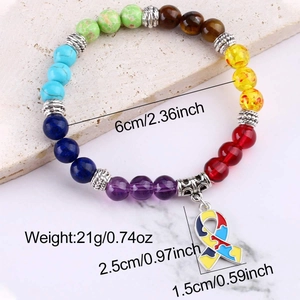 Detail view of seven chakra natural stone bracelet with dimensions and weight specs