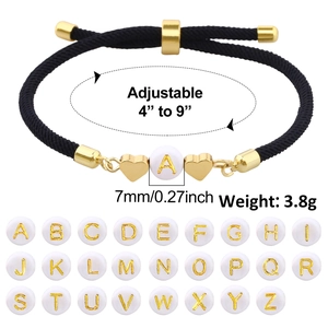 Adjustable black woven bracelet with golden heart charms and white letter bead A to Z