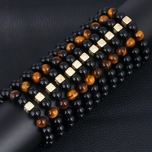 Tiger eye and obsidian beaded bracelet set with gold zircon zodiac charms for men