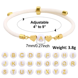 Adjustable woven bracelet with gold heart charm and 7mm letter A bead detail