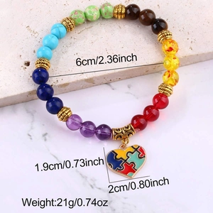 Detailed view showing dimensions of a colorful natural stone bracelet with heart pendant