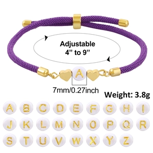 Detail view of purple woven bracelet with gold letter A bead and adjustable pull string
