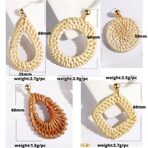 Bohemian rattan woven earrings set with geometric drop and square shapes in natural tones
