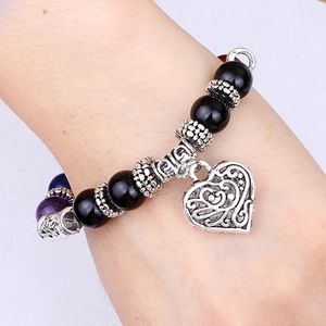Natural crystal beaded bracelet with vintage hollow silver heart pendant for women
